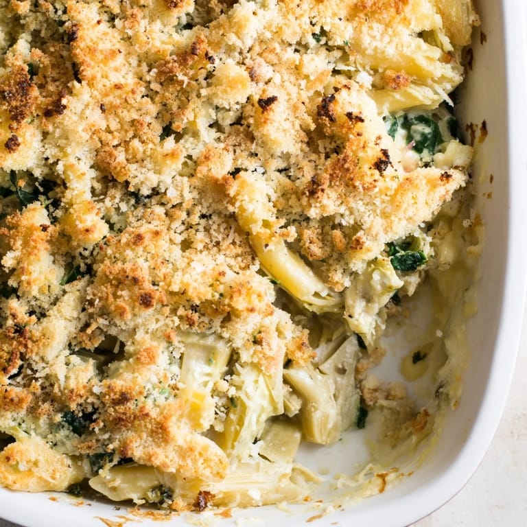 Serving suggestion for Artichoke Pasta Bake: a hearty spoonful of creamy pasta, spinach, and artichokes, topped with melted Parmesan and crispy crumbs.