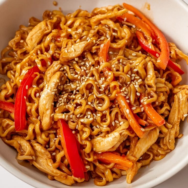 Tossing ramen noodles with crisp veggies and chicken in a wok, creating a quick and fiery Asian fusion dish.