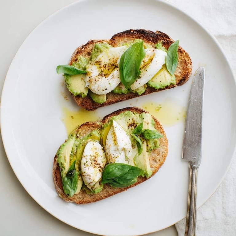 Perfect for a quick lunch, this Avocado Mozzarella Tartine presents a vibrant open-faced sandwich with melted cheese, fresh basil, and a sprinkle of red pepper flakes on crusty bread.