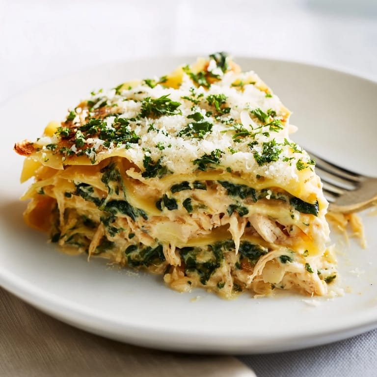 Freshly baked Chicken Alfredo Lasagna served with a crisp green salad and white wine for a complete meal.