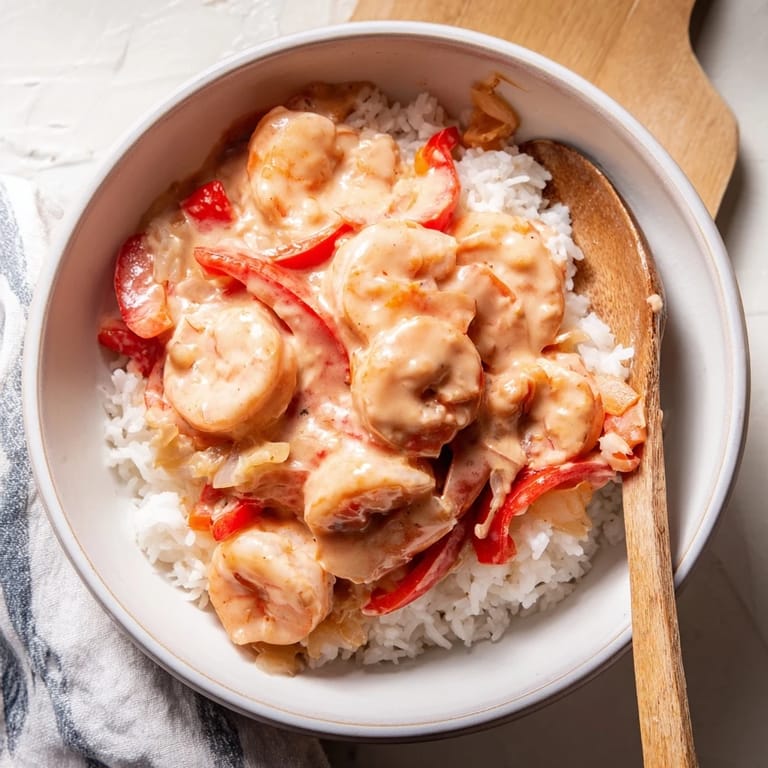 A close-up of Creamy Cajun Shrimp Rice Bowl, garnished with fresh parsley and a bright lemon wedge.  