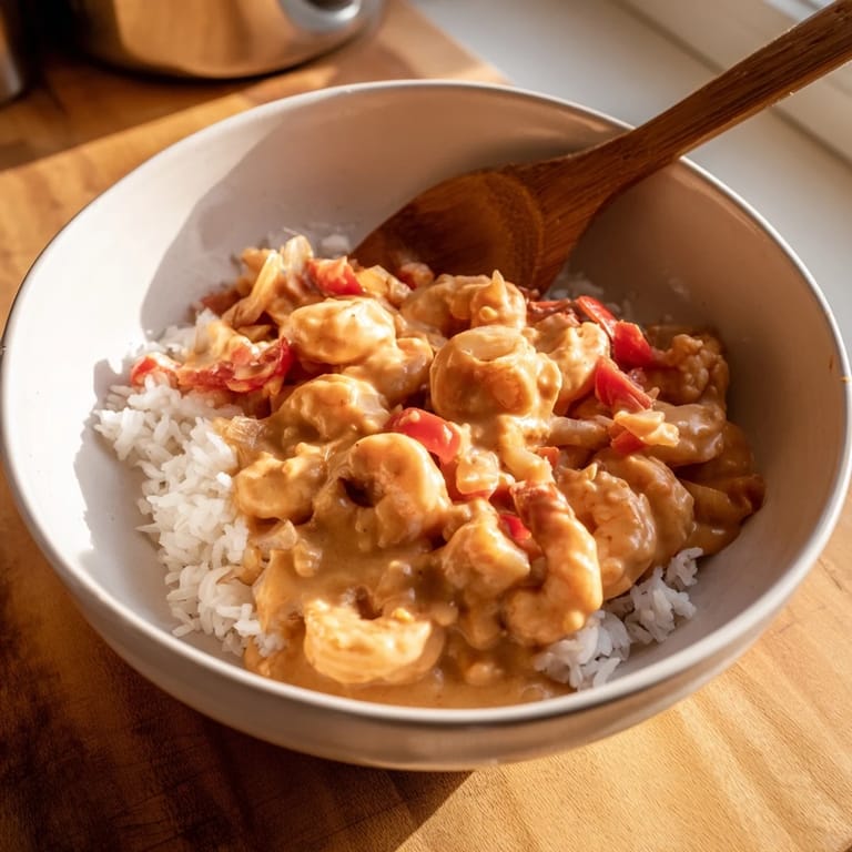 Dinner is served: succulent Cajun shrimp and velvety sauce atop a bed of steaming white rice.
