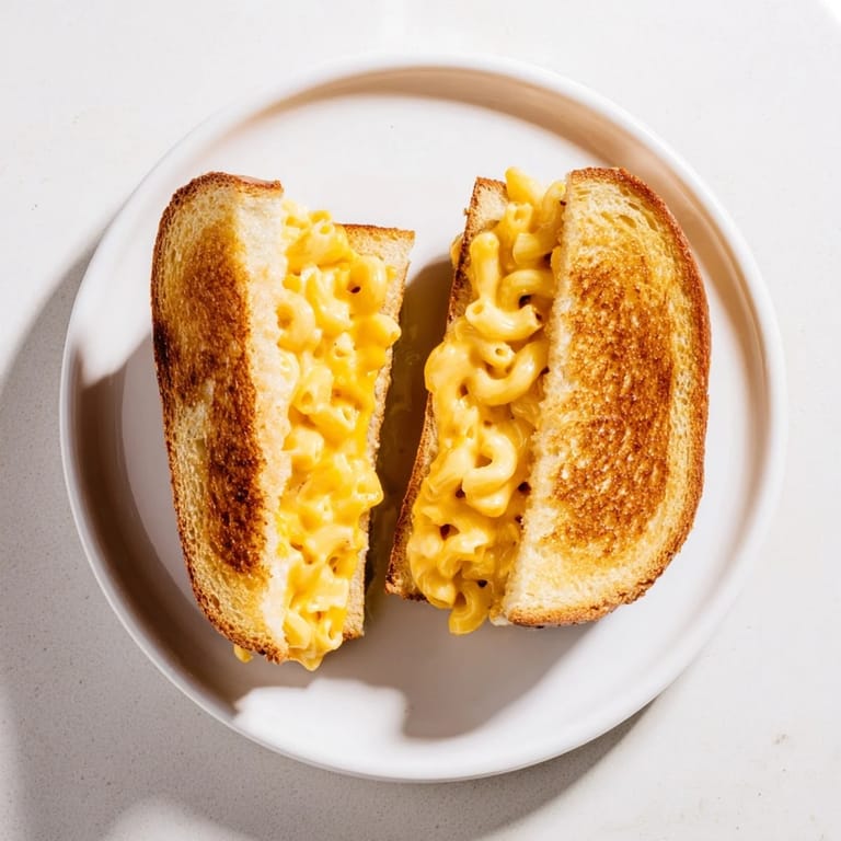 Two halves of a creamy Mac & Cheese Grilled Cheese sandwich stacked beside a bowl of tomato soup for dipping.  