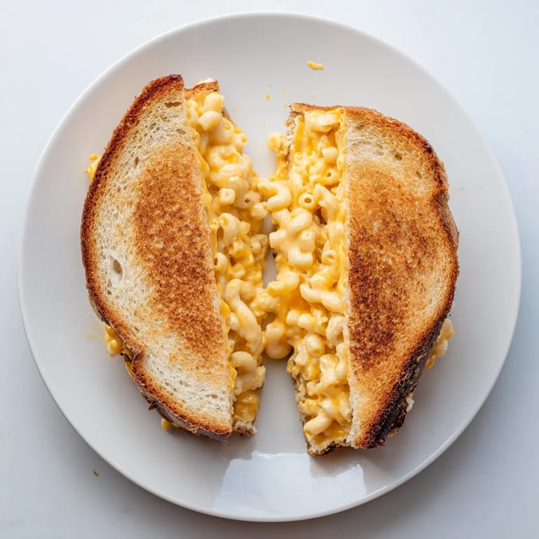 Crusty buttered bread exterior with gooey macaroni and cheese peeking out, served on a checkered picnic cloth.