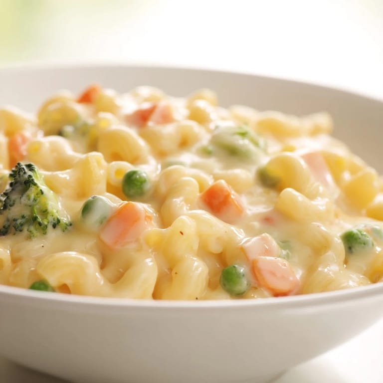 A vibrant serving of Garden Veg Mac and Cheese shows colorful diced carrots, small broccoli florets, and sweet peas coated in rich, creamy sauce.  