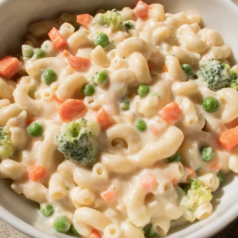 From above, a spoon lifts a generous portion of Garden Veg Mac and Cheese, revealing the hearty blend of pasta and vegetables in a glossy cheddar sauce.