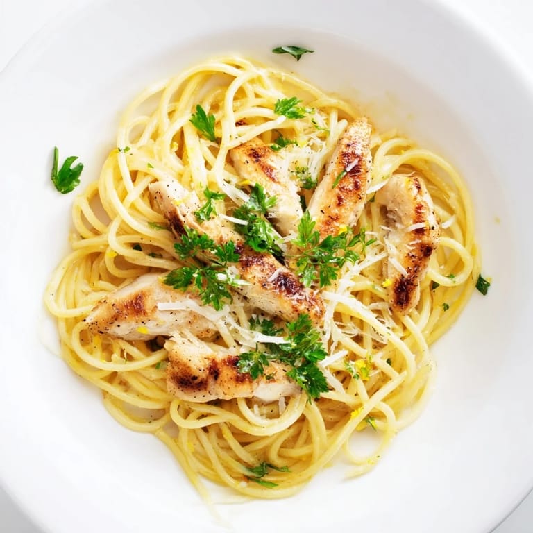 A vibrant serving of brown butter lemon chicken pasta with a side salad and lemon wedges, perfect for a quick Italian-American dinner.