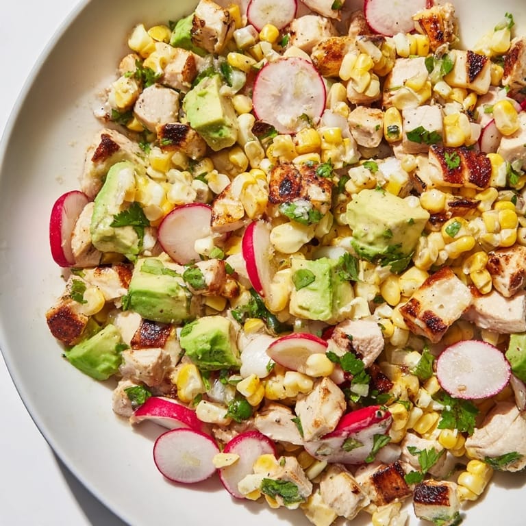 Close-up of Roasted Corn & Chicken Chopped Salad, featuring charred corn kernels, juicy diced chicken, and fresh cilantro garnish.