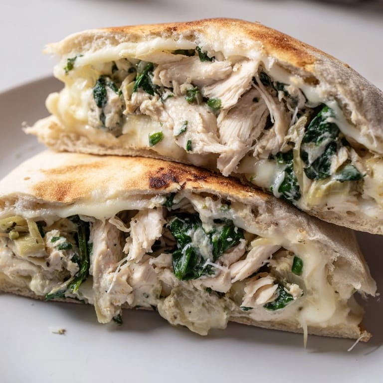 Stuffed pita pockets filled with tender chicken, bright spinach, and melty cheese, served with lemon wedges.