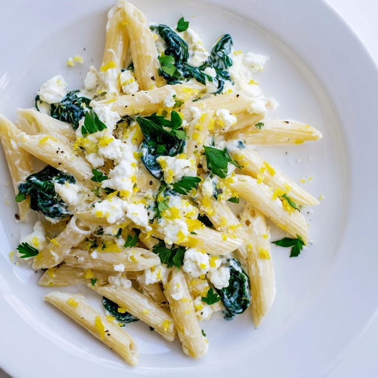 A close-up of Creamy Feta Spinach Pasta twirled on a fork, showing glossy sauce and flecks of black pepper.