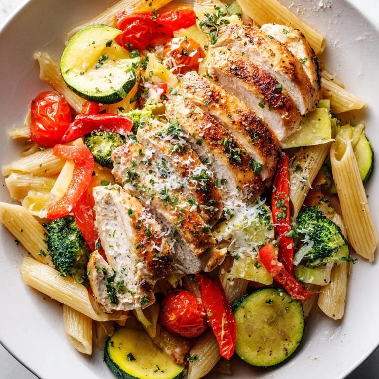 Close-up view of garlic herb chicken and vegetable pasta, showcasing juicy chicken slices and penne coated in a savory, glossy sauce.
