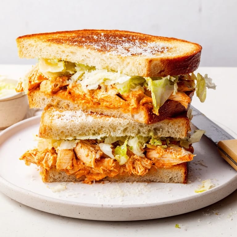 Buffalo Chicken Caesar Grilled Cheese sandwich cut on a diagonal, revealing spicy chicken, creamy Caesar dressing, and melted cheese layers.