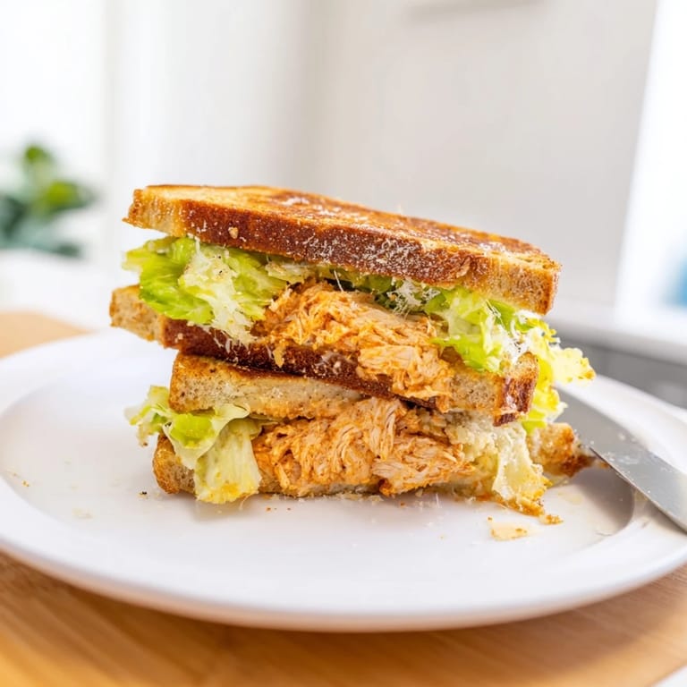 Sizzling Buffalo Chicken Caesar Grilled Cheese on a skillet, finished with a drizzle of buffalo sauce and fresh lettuce.
