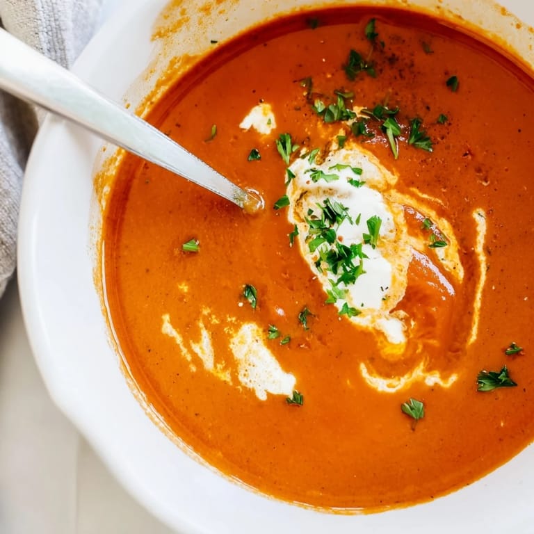 A pot of silky roasted red pepper soup simmering with caramelized onions, carrots, and celery for deep, comforting flavor.  