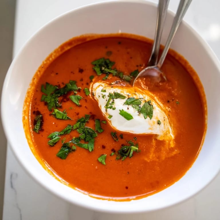 Homemade roasted red pepper soup served with crusty bread, topped with a swirl of yogurt and a sprinkle of fresh herbs.