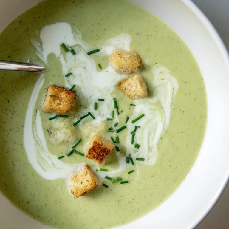 Freshly blended creamy broccoli soup in a white bowl, showcasing its smooth, velvety texture and vibrant green hue.  