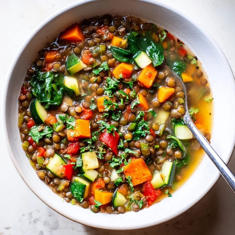 In a rustic kitchen, a ladle pours hearty Lentil and Vegetable Soup into a bowl, showing vibrant red bell peppers and zucchini in the rich broth.