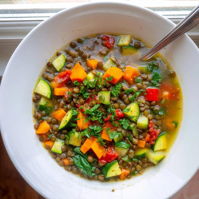 Close-up on Lentil and Vegetable Soup, highlighting steaming lentils and diced vegetables, served with a slice of crusty bread for dipping.
