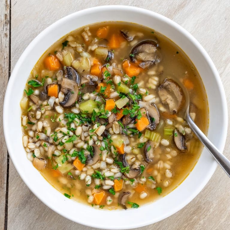 Thick, rustic Mushroom and Barley Soup simmering with carrots, celery, and thyme, ready to ladle into cozy bowls for dinner.  