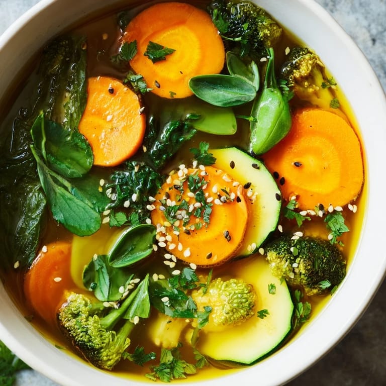 Collagen-Boosting Broth Bowl with golden turmeric broth and ginger, garnished with parsley and lemon wedges.  