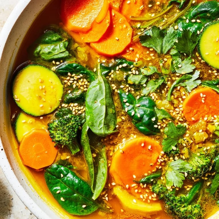 Serving of Collagen-Boosting Broth Bowl with tender zucchini, celery, and a sprinkle of sesame seeds.