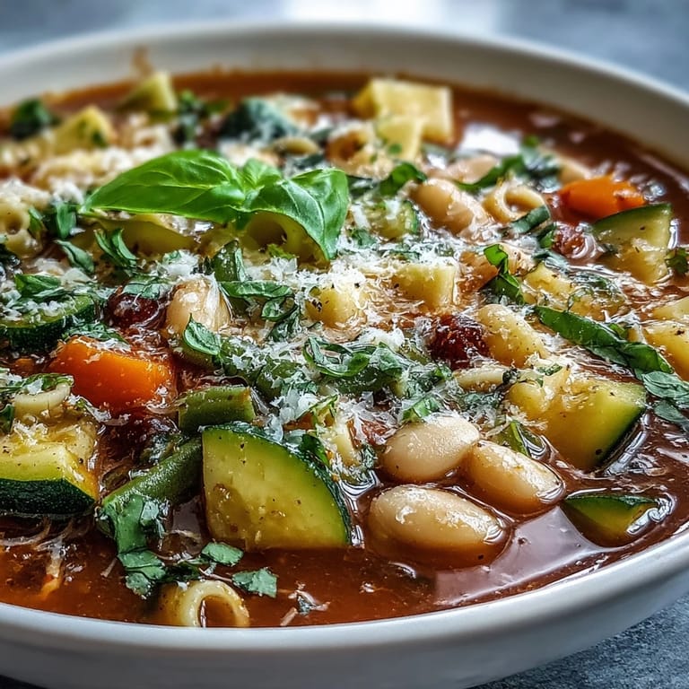 Hearty Minestrone Vegetable Soup, perfect with crusty bread, brimming with pasta.