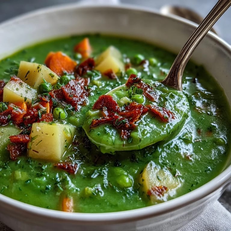 Steaming Split Pea Soup in a white bowl, showcasing a velvety texture with diced carrots and celery.  