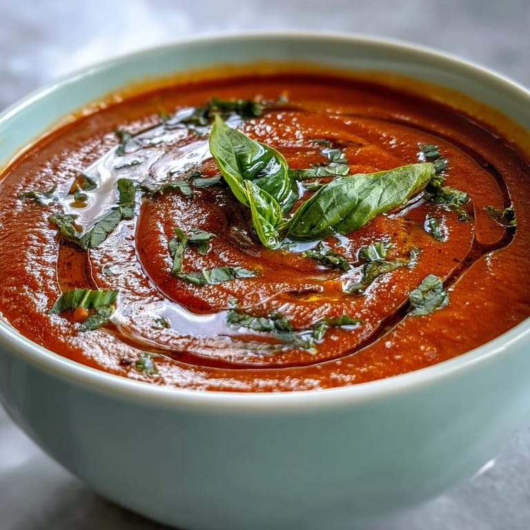 Comforting, easy tomato and basil soup with aromatic basil, ready to serve.