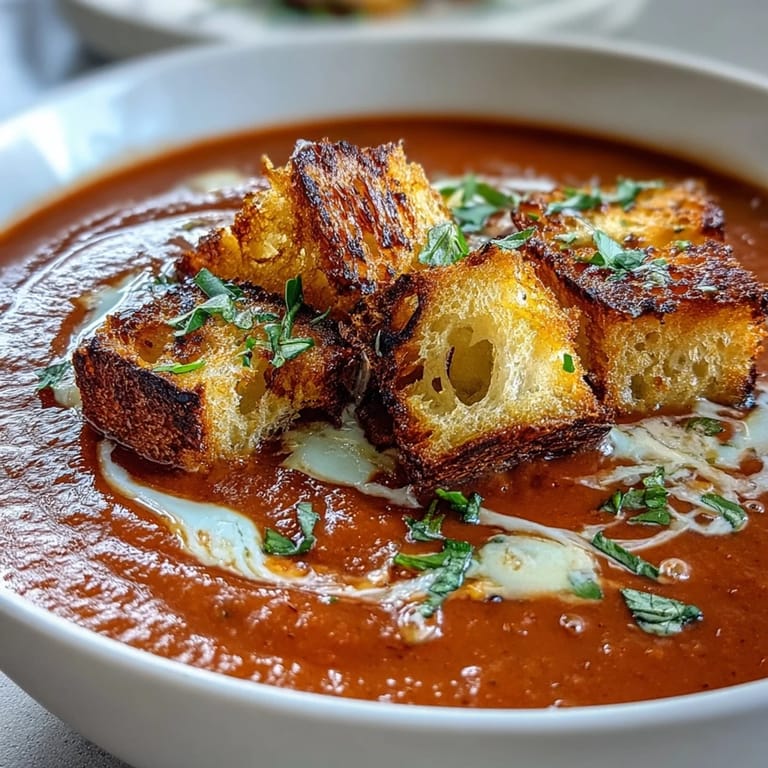 Warm, vibrant roasted tomato soup bowl garnishing with crunchy homemade croutons.