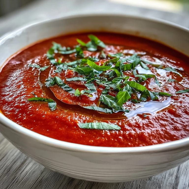 Warm Italian-style Tomato and Basil Soup, finished with fresh basil leaves and a rich drizzle.