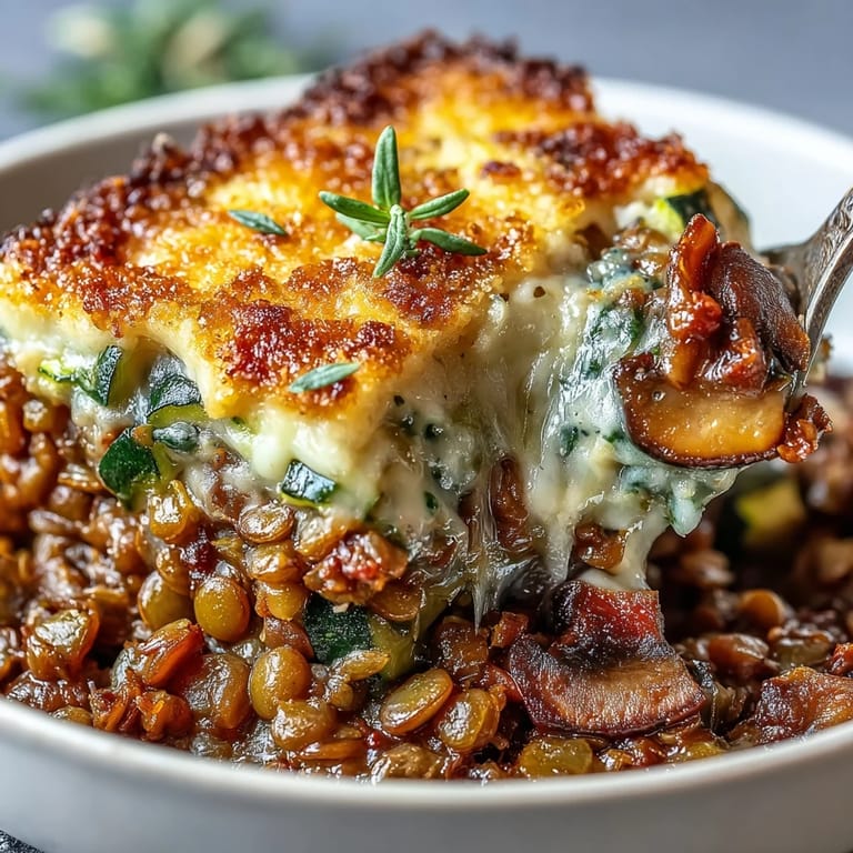 A freshly baked Green Lentil and Vegetable Casserole served in a dish, ready to be scooped onto plates.