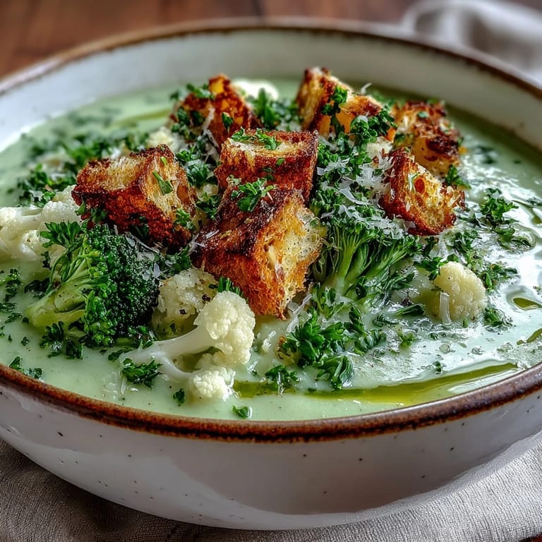 Warm Cauliflower and Broccoli Soup ladled into a white bowl, garnished with fresh parsley and golden croutons, perfect for chilly days.