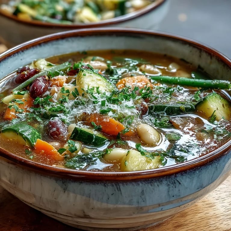Steaming pot of homemade Minestrone Vegetable Soup with zucchini and carrots, ready to be served with fresh parsley and Parmesan.