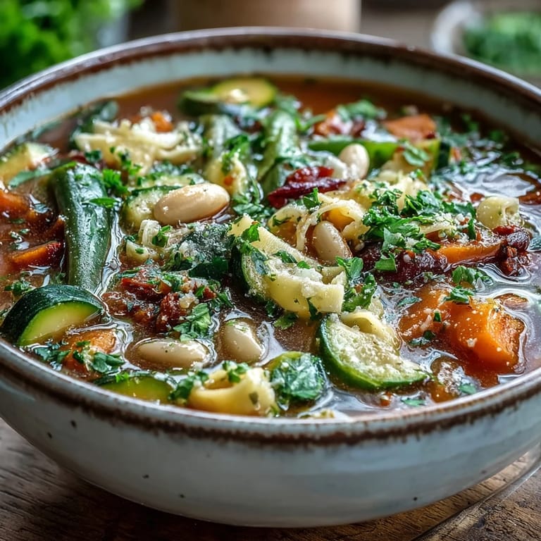 A ladle scooping vibrant Minestrone Vegetable Soup, featuring tender pasta, white beans, and kale in a rich tomato broth.