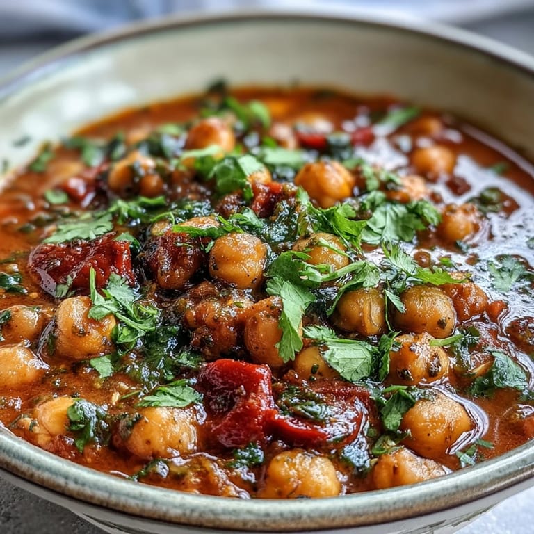 A rustic pot of simmering Spicy Chickpea Stew, featuring tender chickpeas and diced vegetables.