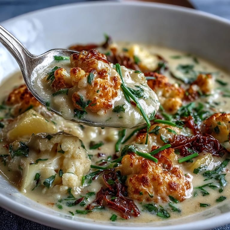 A pot of Vegetarian Cauliflower Chowder simmers with diced carrots and potatoes, with an immersion blender ready to puree.