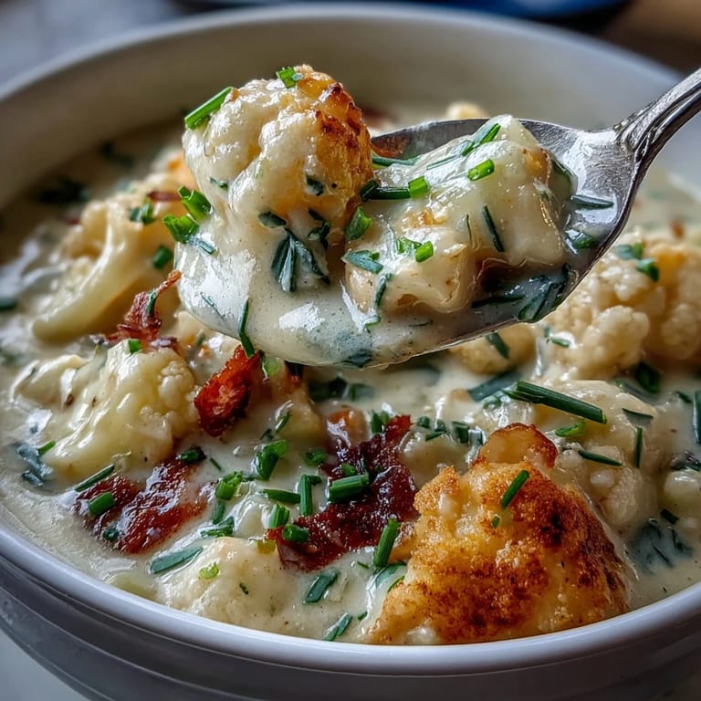 Vegetarian Cauliflower Chowder ladled into a rustic bowl, topped with parsley, showing a velvety texture and warm, comforting steam.