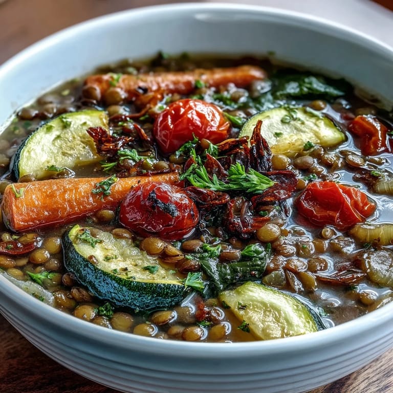 A hearty bowl of Lentil and Vegetable Soup garnished with fresh parsley, served alongside toasted crusty bread.