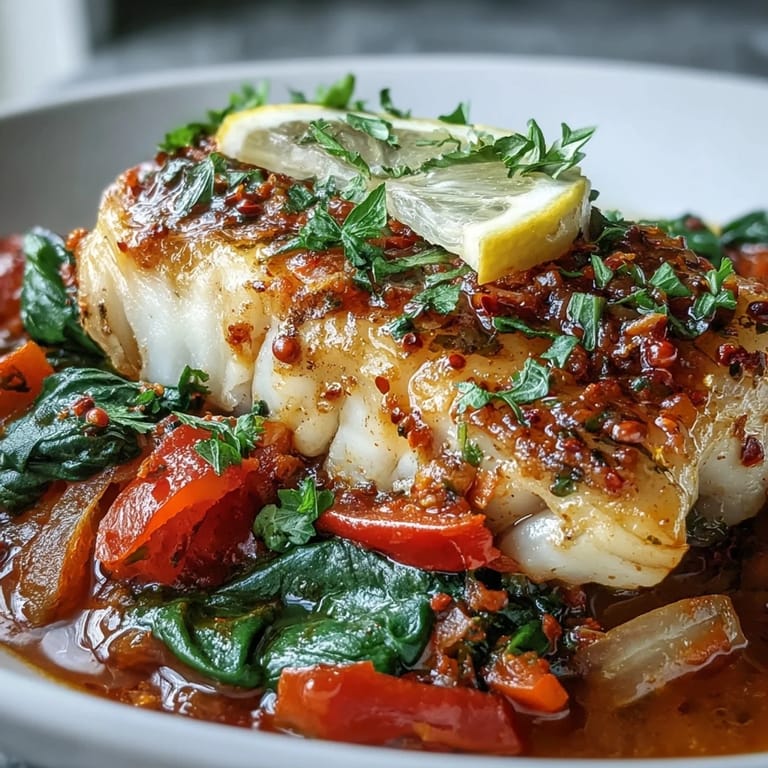 A close-up of Spiced Cod One Pot, flaky fish topped with lemon slices and cilantro.
