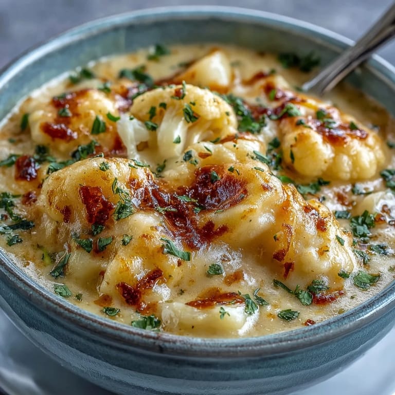 Hearty Vegetarian Cauliflower Chowder garnished with smoked paprika, celery, and melted cheese on top.
