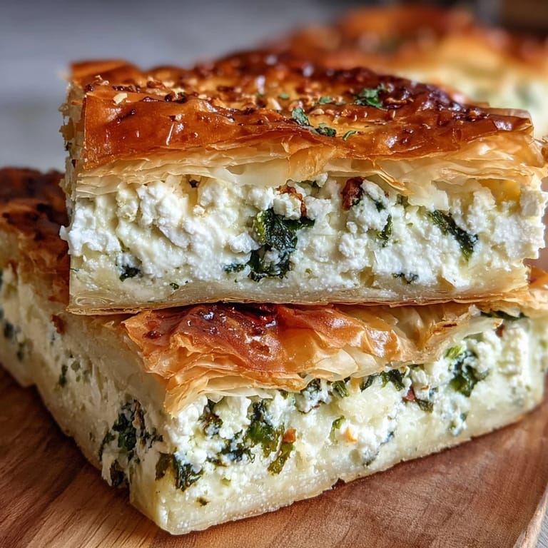 Sliced wedges of Feta and Kale Börek show the creamy feta and ricotta mixture, served on a rustic wooden board.