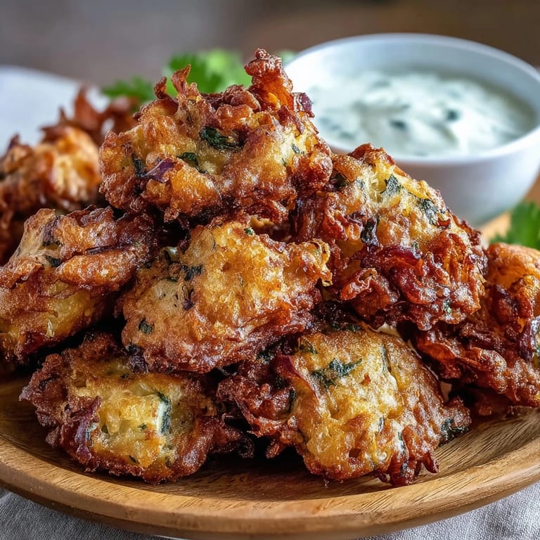 Fried cauliflower bhajis with a crunchy chickpea flour batter, ready to dip in cool yogurt.
