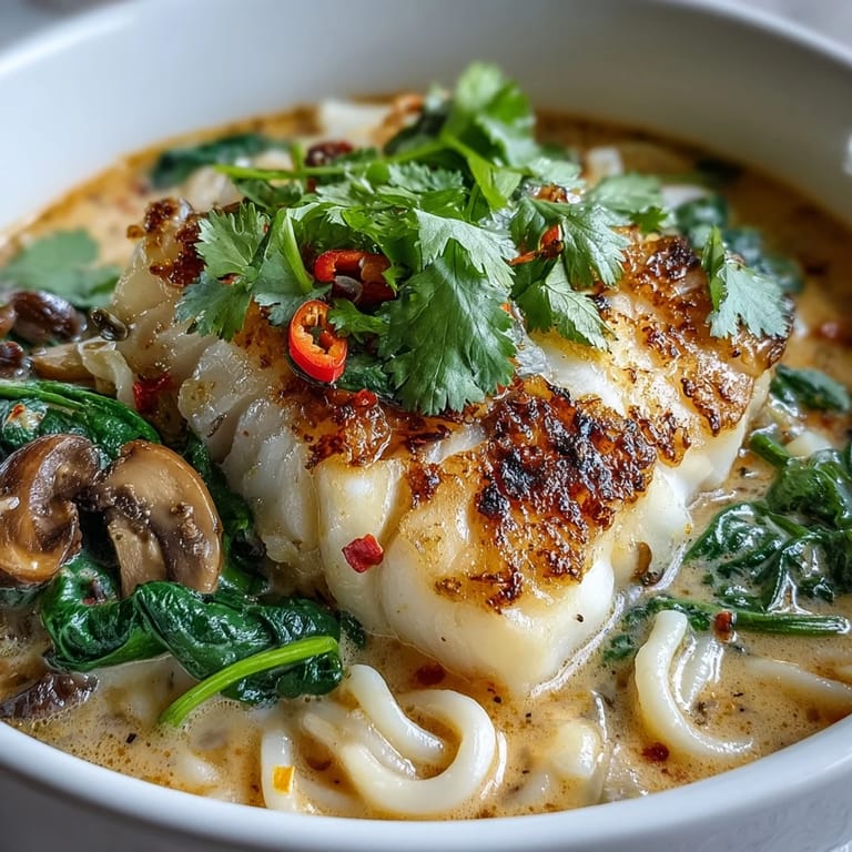 A comforting bowl of Poached Cod With Spiced Coconut Broth and Udon Noodles.