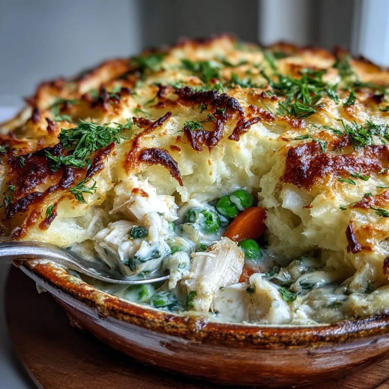 This Curried Fish Pie serves four with a golden, fork-marked potato crust fresh from the oven.