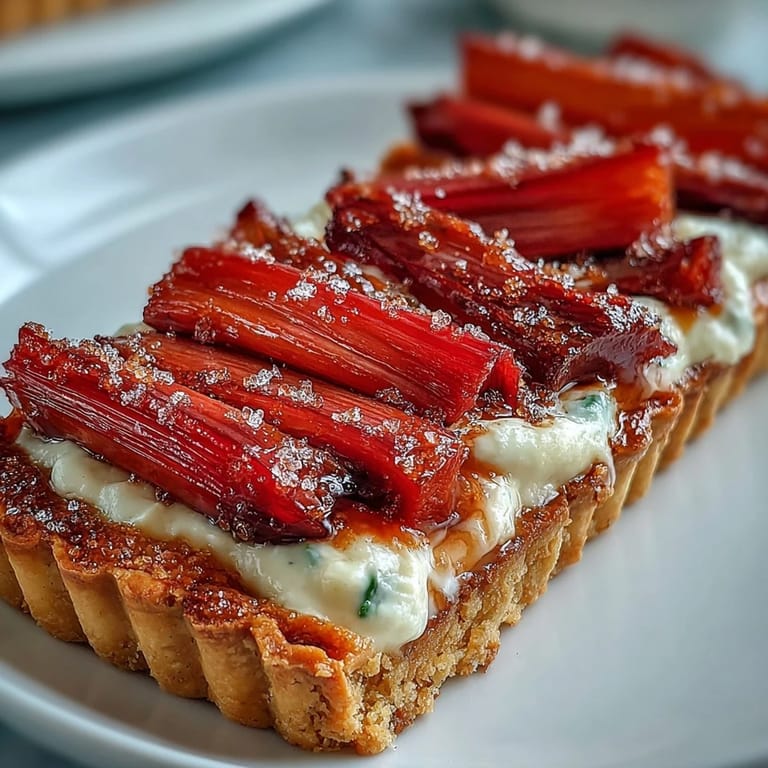 A single slice reveals a buttery tart crust, smooth white chocolate and elderflower filling, and vibrant roasted rhubarb on top.