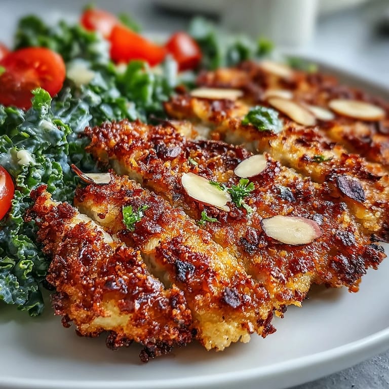 Tender almond-crusted chicken is served warm alongside a zesty kale and sumac salad garnished with fresh parsley and slivered almonds.