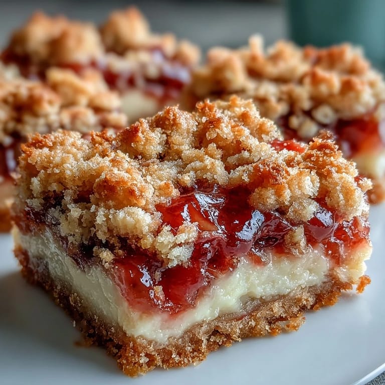 Freshly baked Rhubarb and Custard Crumble Bars cut into squares, showcasing the vibrant rhubarb swirl and golden baked crumble.