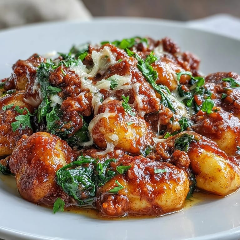 Hearty Sausage Gnocchi with Kale served warm, with wilted greens and tender dumplings ready to eat.