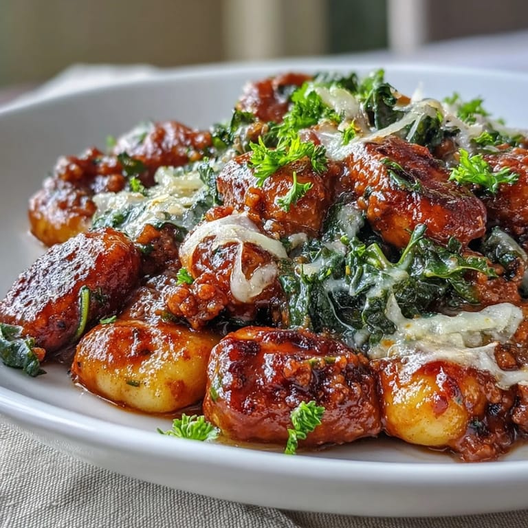 A skillet of Sausage Gnocchi with Kale paired with a glass of red wine for a cozy dinner.