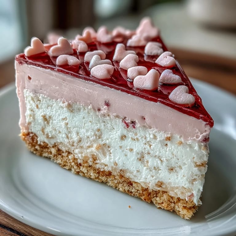 Candy Hearts Fake Cake with creamy no-bake cheesecake layers and rainbow sprinkles, ready to serve at a sweet celebration.